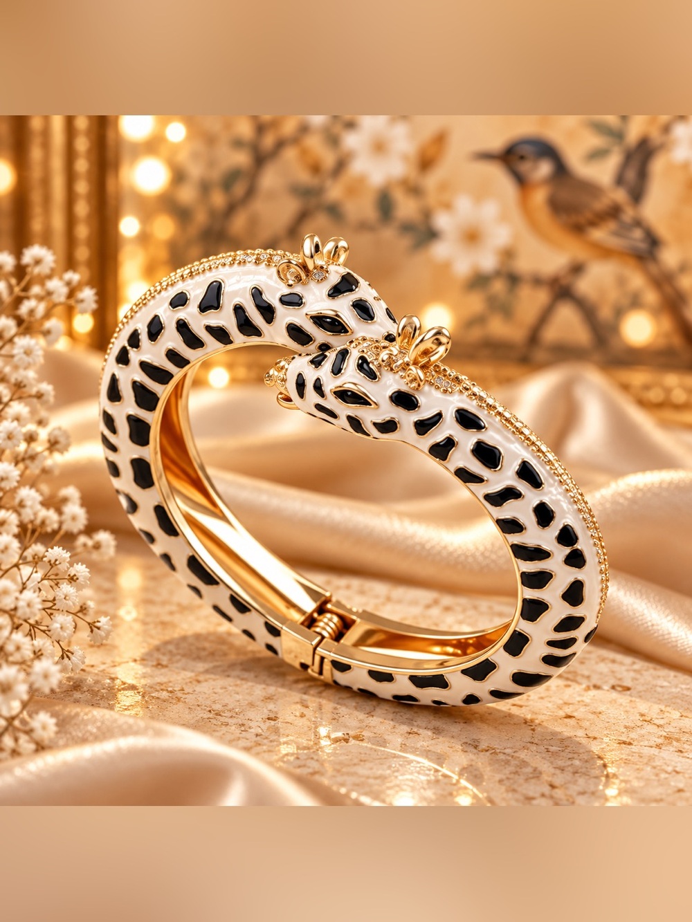 Giraffe Head Cuff Bracelet Animal Print Enamel Statement Bangle
